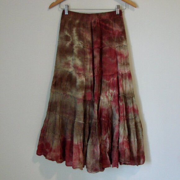 Maxi Skirt Boho Festival Prairie Western Cowgirl Tie Dye Brown Rust Fray Medium - Picture 1 of 15
